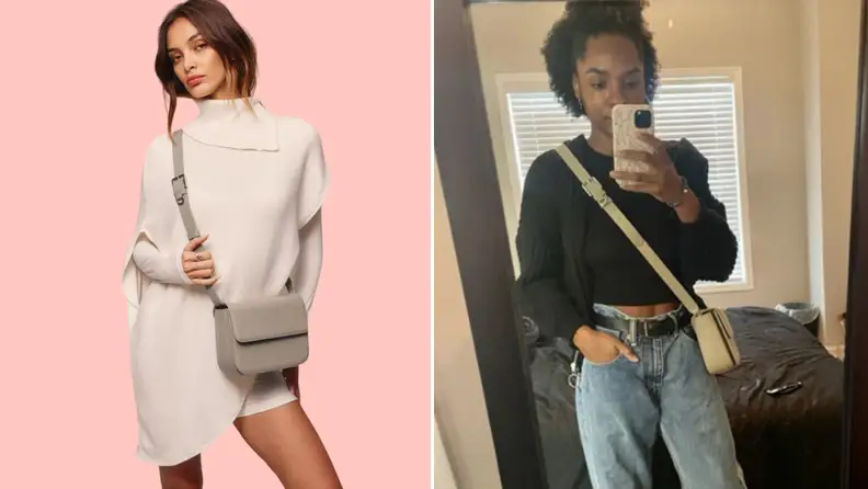 The author taking a mirror selfie wearing the Bandolier Billie Utility Bag, also a shot of a model wearing the same bag with a beige outfit.