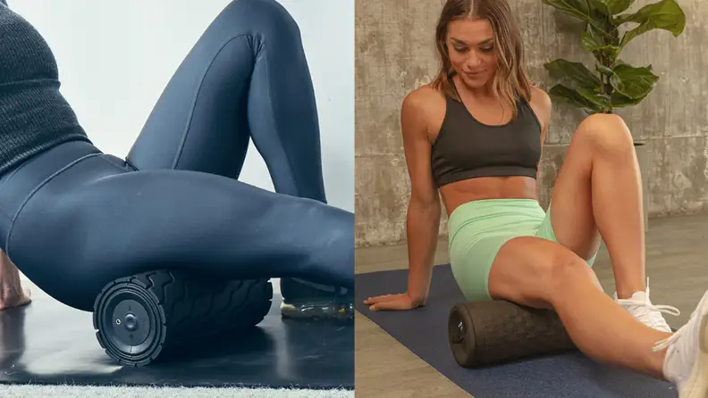 Two women rolling their hamstrings with smart foam rollers.