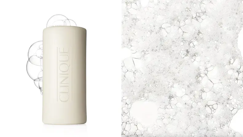 On left, cream bar of soap with bubbles. On right, soap bubbles.