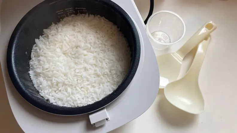 Cooked rice filled in the Toshiba rice cooker, shot from above