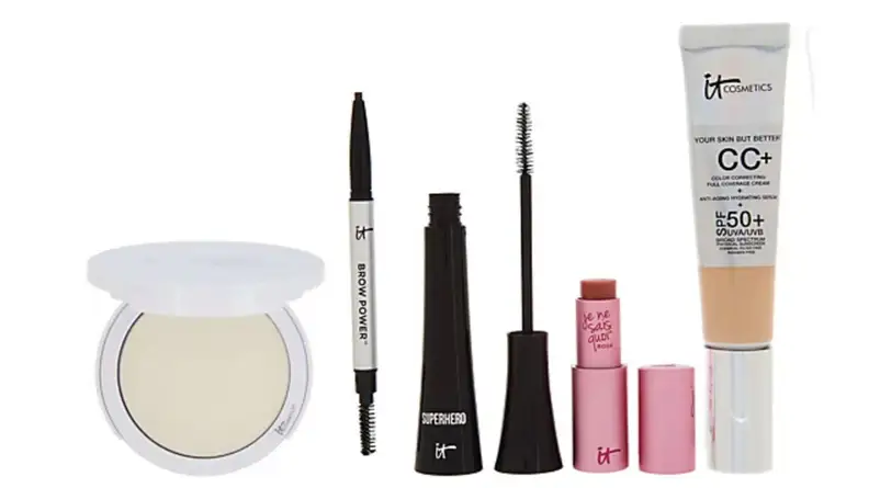 various beauty items on white background