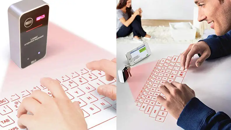 Person typing on projected keyboard.