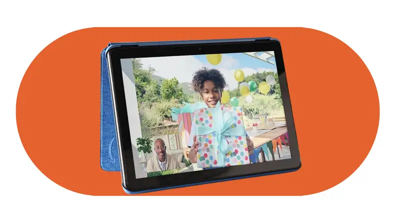 The Amazon Fire HD 10 tablet in a blue fabric case displaying a video call on an orange background.