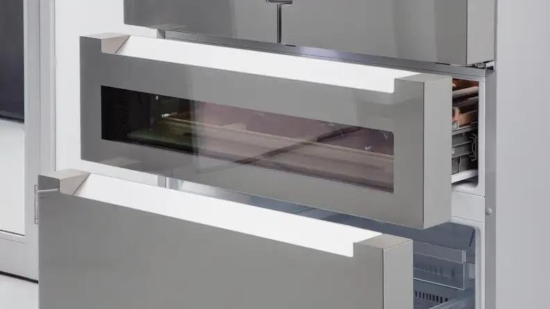 A close-up of a flex drawer pulled out from a French-door refrigerator