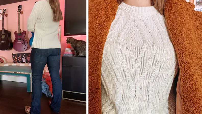 A woman wearing a cable knit sweater and blue jeans, and also a close-up of the sweater and a teddy bear coat.