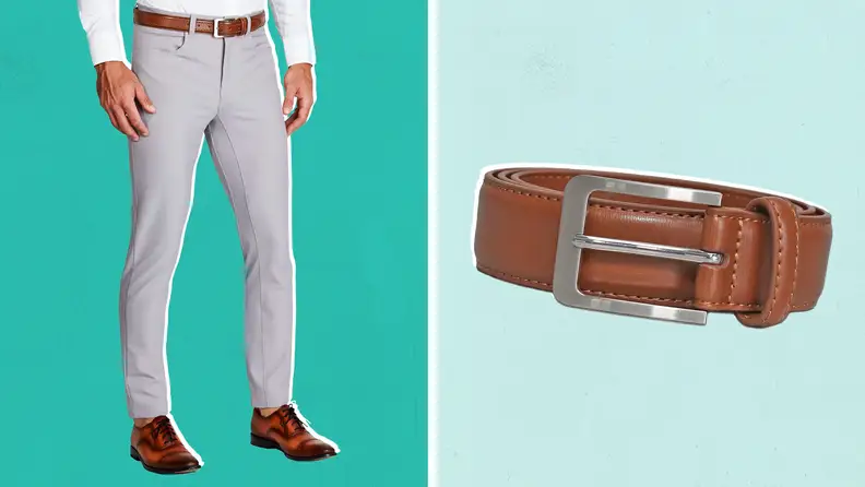 A model wearing gray chinos, and a product shot of a brown leather belt.