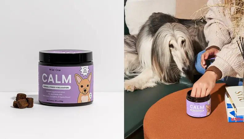 Box of gummies next to picture of dog and owner about to eat a gummy