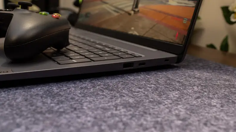 A side view of a Lenovo Ideapad Gaming Chromebook showing its ports.