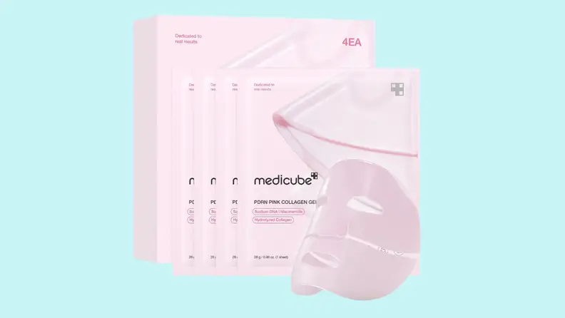 A package of medicube face masks with a sample mask beside it.