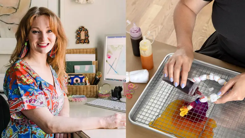 On left, person smiling at computer desk. On right, person tie-dying shirt.