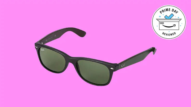 Black sunglasses that are a wayfarer style.