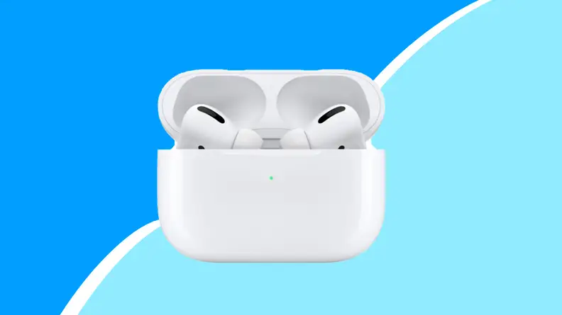 A pair of white Apple AirPods earbuds in their charging case against a blue background