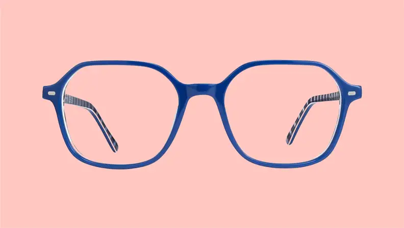 Front view of stylish, blue reading glasses from Ray-Ban on a pink background.