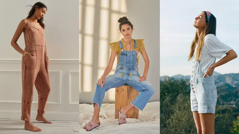 Three women, two in overalls, one in a jumpsuit, among the best things to buy at Anthropologie.