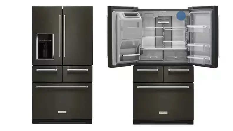 KitchenAid black stainless steel 5-door French-door refrigerator, closed and with doors open.