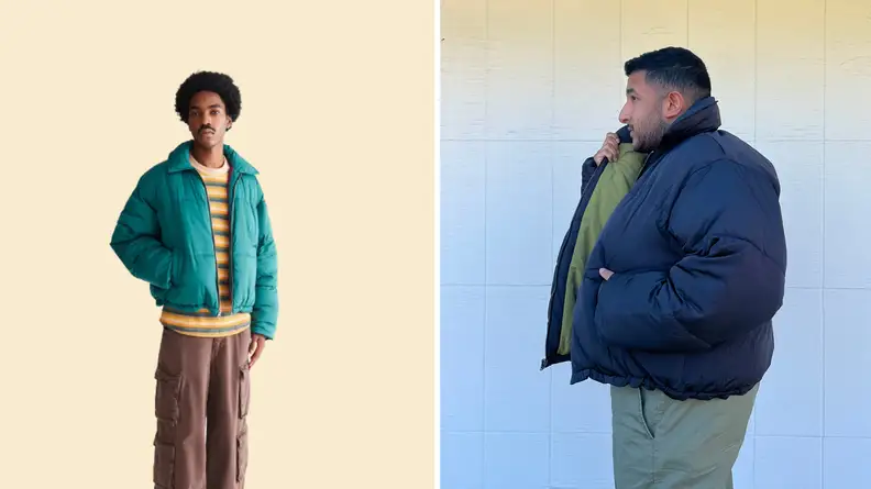 Two models wearing puffer jackets.