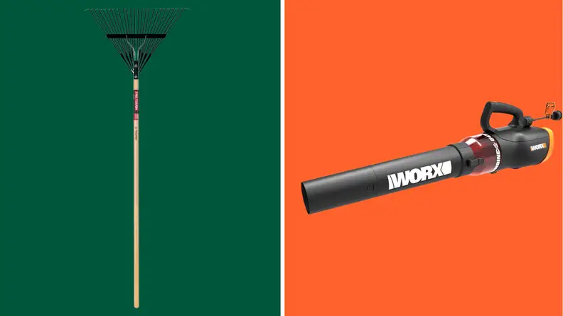 Rake and leaf blower over green and orange backgrounds, respectively.