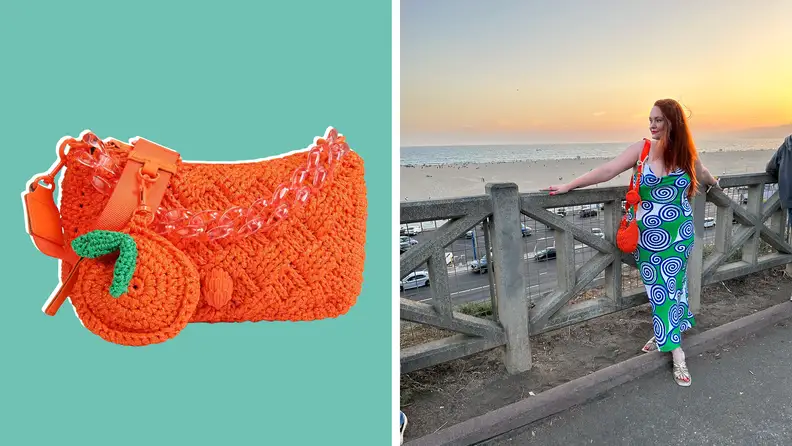 The author wearing a green printed dress with a crocheted orange handbag, and also a close-up of the crocheted bag.