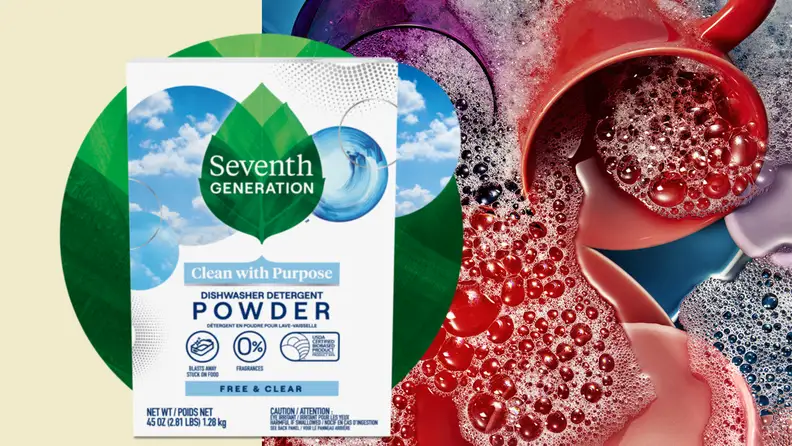 Left: Seventh Generation dishwasher detergent powder; Right: dishes soaked in soapy water