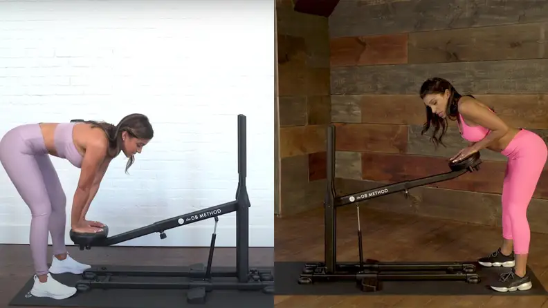 left: woman doing ab exercises db method right: woman doing chest exercises db method