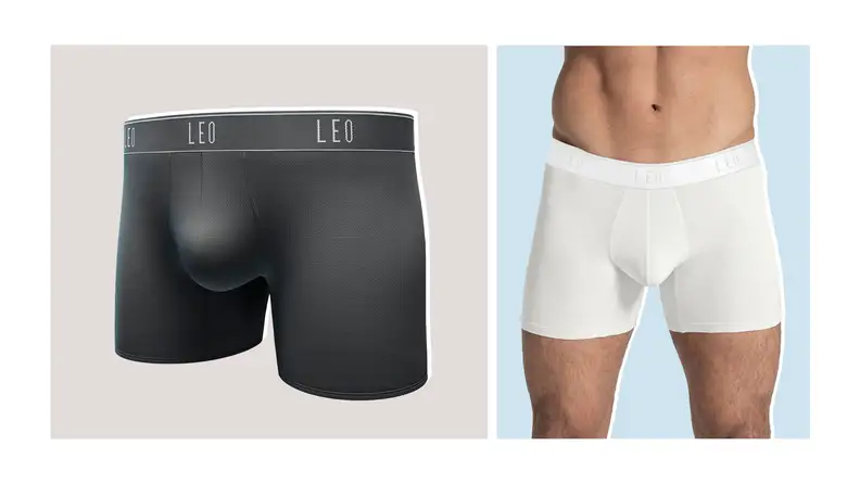 Collage image of a pair of black boxer briefs, and also a model wearing the same underwear in white.