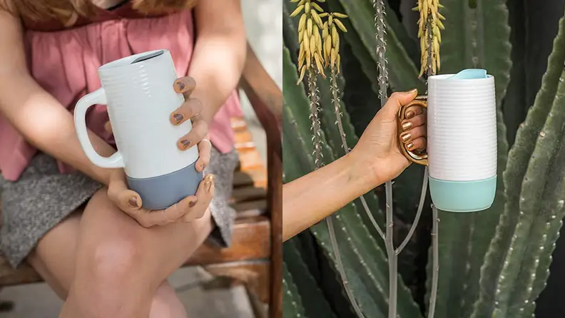 Two photos of the Ello Jane ceramic travel mug.