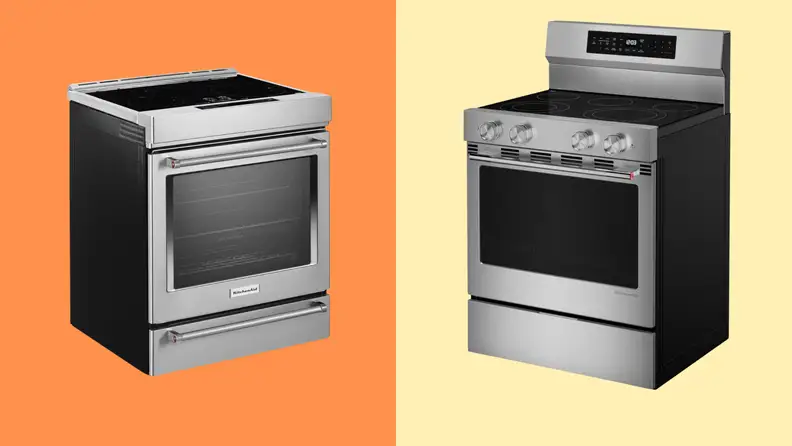 Two similar KitchenAid ranges: See the slide-in version on the left, and the freestanding version on the right.