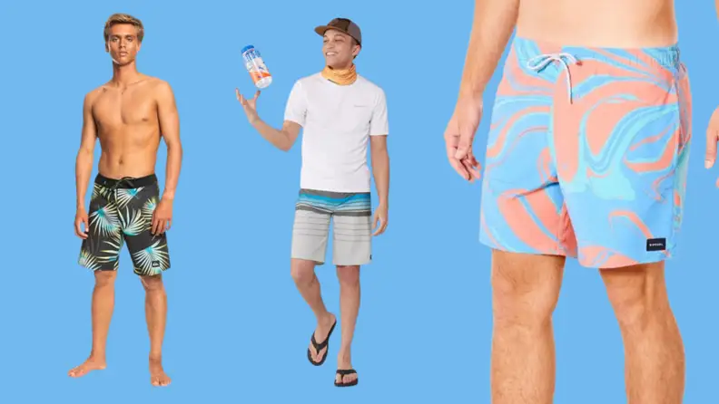 Three men's swimsuits: One in a botanical print, one with stripes, and one in a liquid multicolor print.