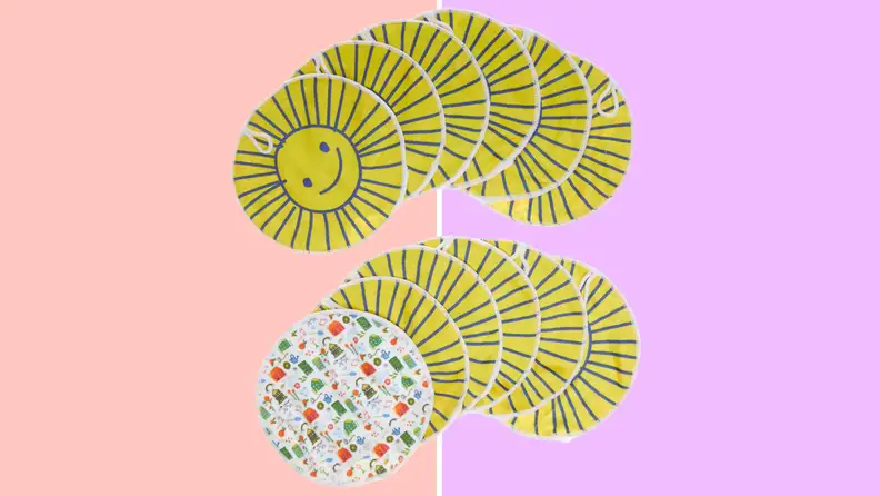 A collection of dusting mits with smiley faces on them against a coral and purple background.