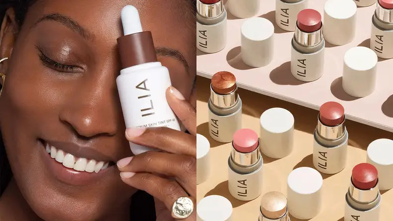 A model holding the Ilia Beauty Super Serum Skin Tint SPF 40 and the Multi Sticks on a tabletop.