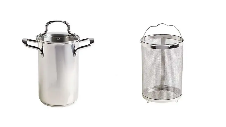 A stainless steel asparagus steamer pot next to the nesting steamer basket that comes with it, all on a white background.