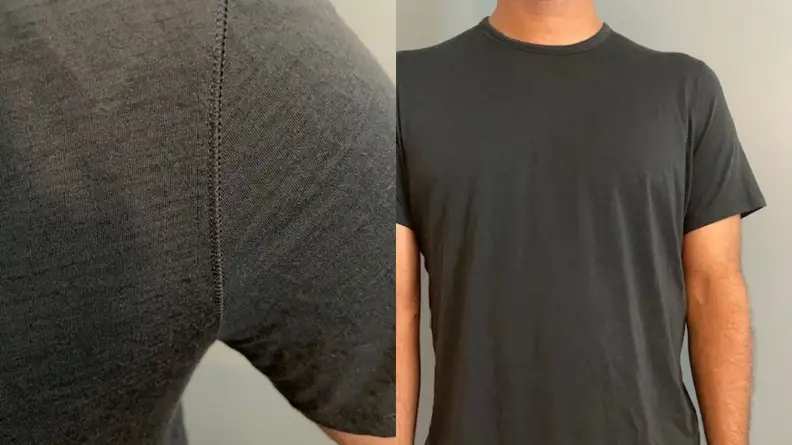 Seams on Proof's 72-Hour Merino Tee, man standing in Proof's 72-Hour Merino Tee.