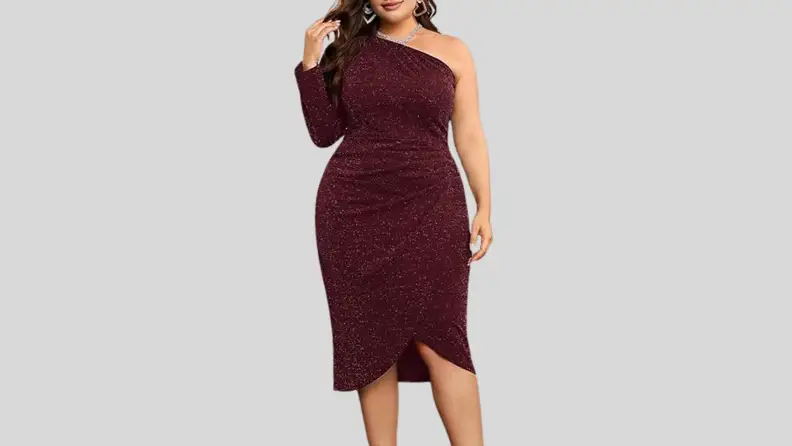 Woman in sparkly maroon party dress