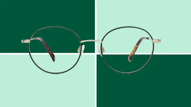 A Warby Parker glasses on dark and light green background.