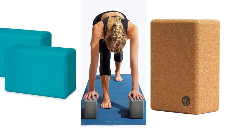 Turquoise yoga blocks, a woman using a yoga block in low-lunge pose, and a cork yoga block