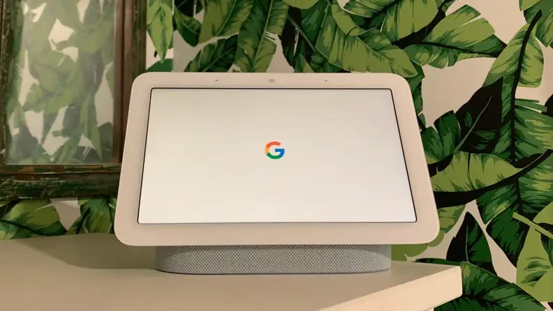A white Google Nest Hub sitting on a light wood countertop with a tropical plant wallpaper covering the wall in the background.