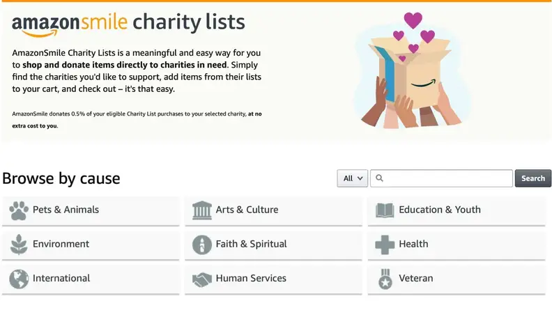 List of charity categories supported by the Amazon Smile program: pets, arts, education, environmental, religious, health, and so on.