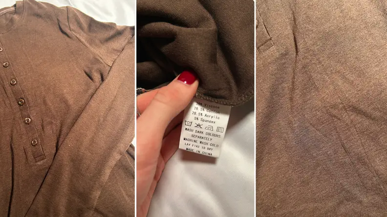 Three images of brown fabric and tags of a shirt.