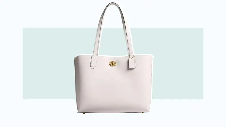 A white leather tote bag