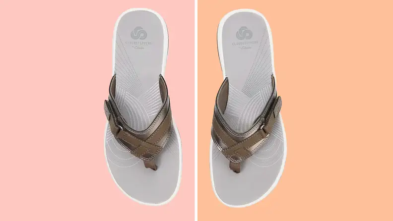 Clarks sandals on a pink and orange background