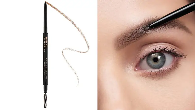 On left, brown eyebrow pencil from Anastasia Beverly Hills. On right, eyebrow pencil being applied to eyebrow.