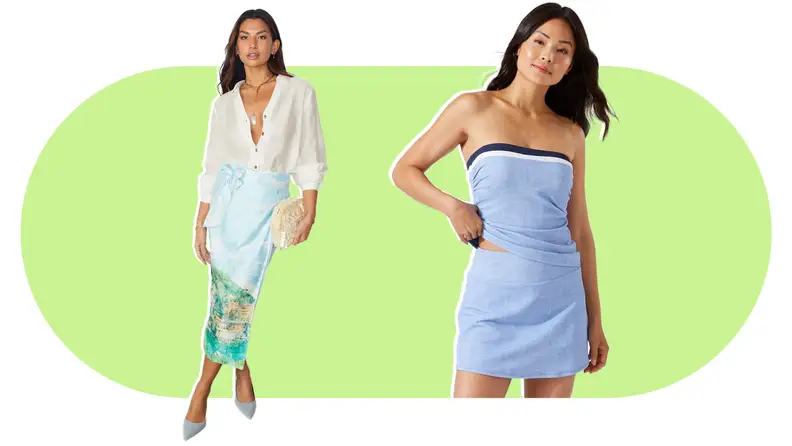 Two models pose in stylish outfits.
