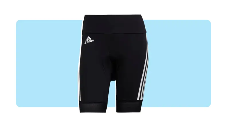 Product shot of the black Adidas Cycling short with three white stripes along both of the legs.