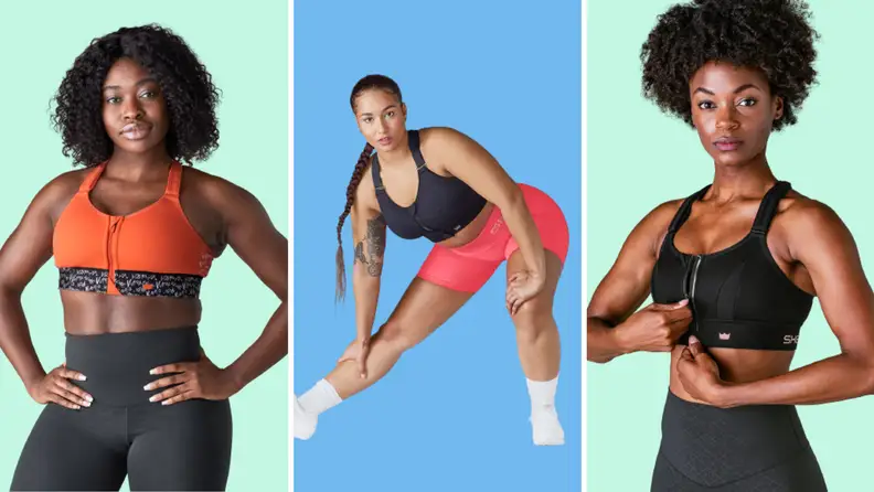 Three bras collaged against a colorful background, all worn by models: The first is an orange bra, the second is a blue bra, and the third is a black bra.
