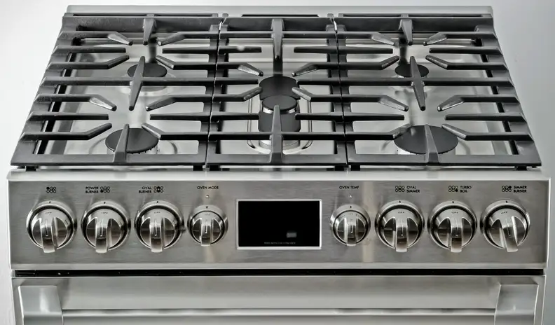 The rangetop features five burners and plenty of space for a multitude of pots and pans.