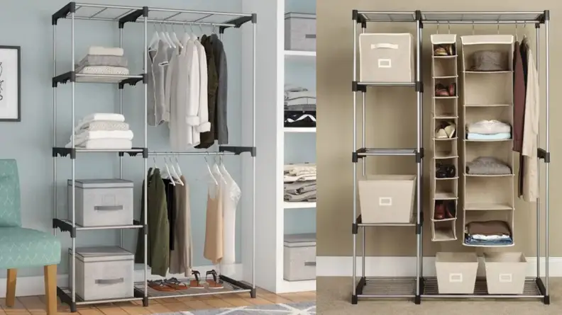 Side-by-side images of a closet organizer in two different rooms
