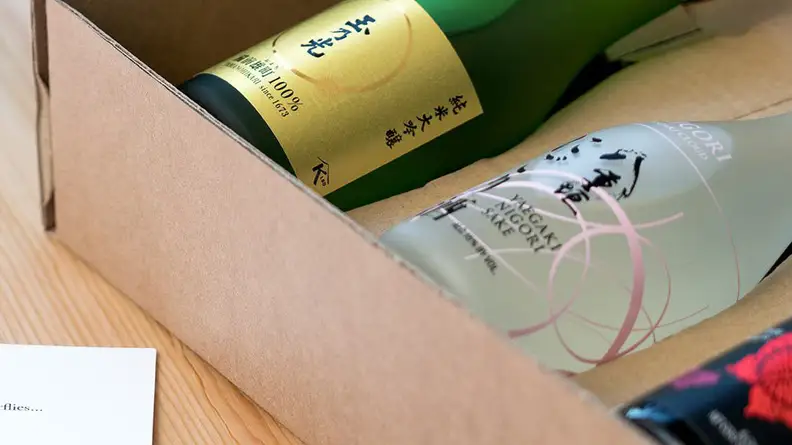 The monthly subscription sends you three bottles of 10-ounce sake each time.