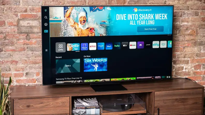 The home screen of the Samsung QN90B on display.