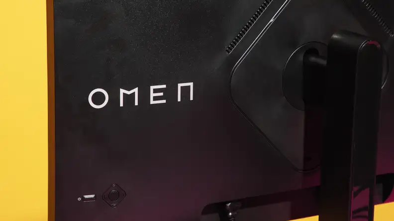 The back of the monitor displaying the Omen logo.