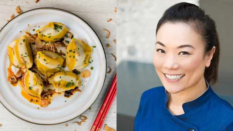 Left: An overhead photo of a plate of Chicken Jiaozi Dumplings. Right: A headshot of chef and restaurant owner Shirley Chung.